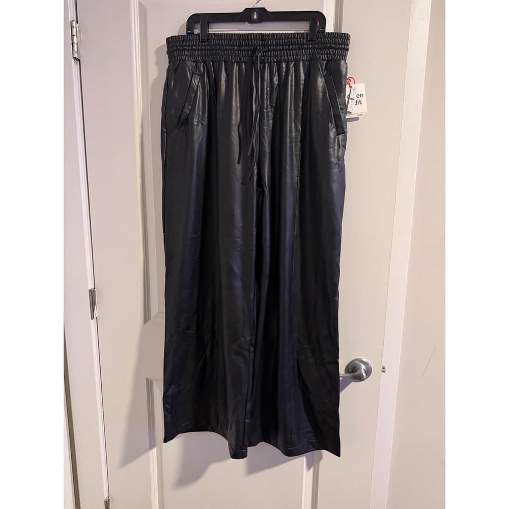 Open Edit Black Faux Leather Wide Leg Drawstring Pants XL ED458403MI NWT